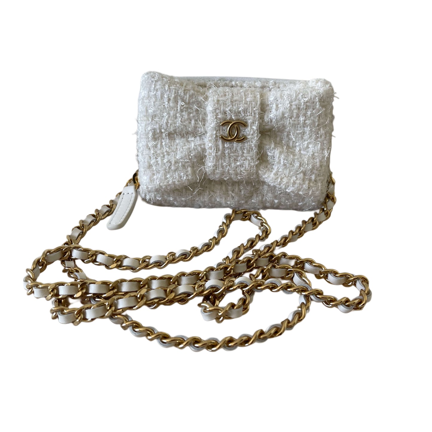 Chanel White Tweed Quilted Bow Flap Card Holder On Chain