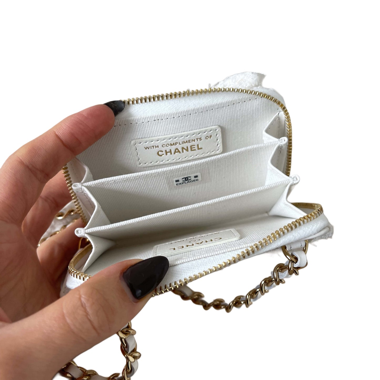 Chanel White Tweed Quilted Bow Flap Card Holder On Chain