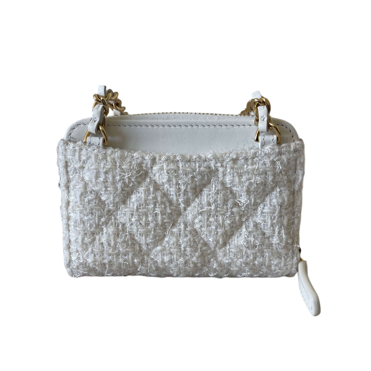 Chanel White Tweed Quilted Bow Flap Card Holder On Chain