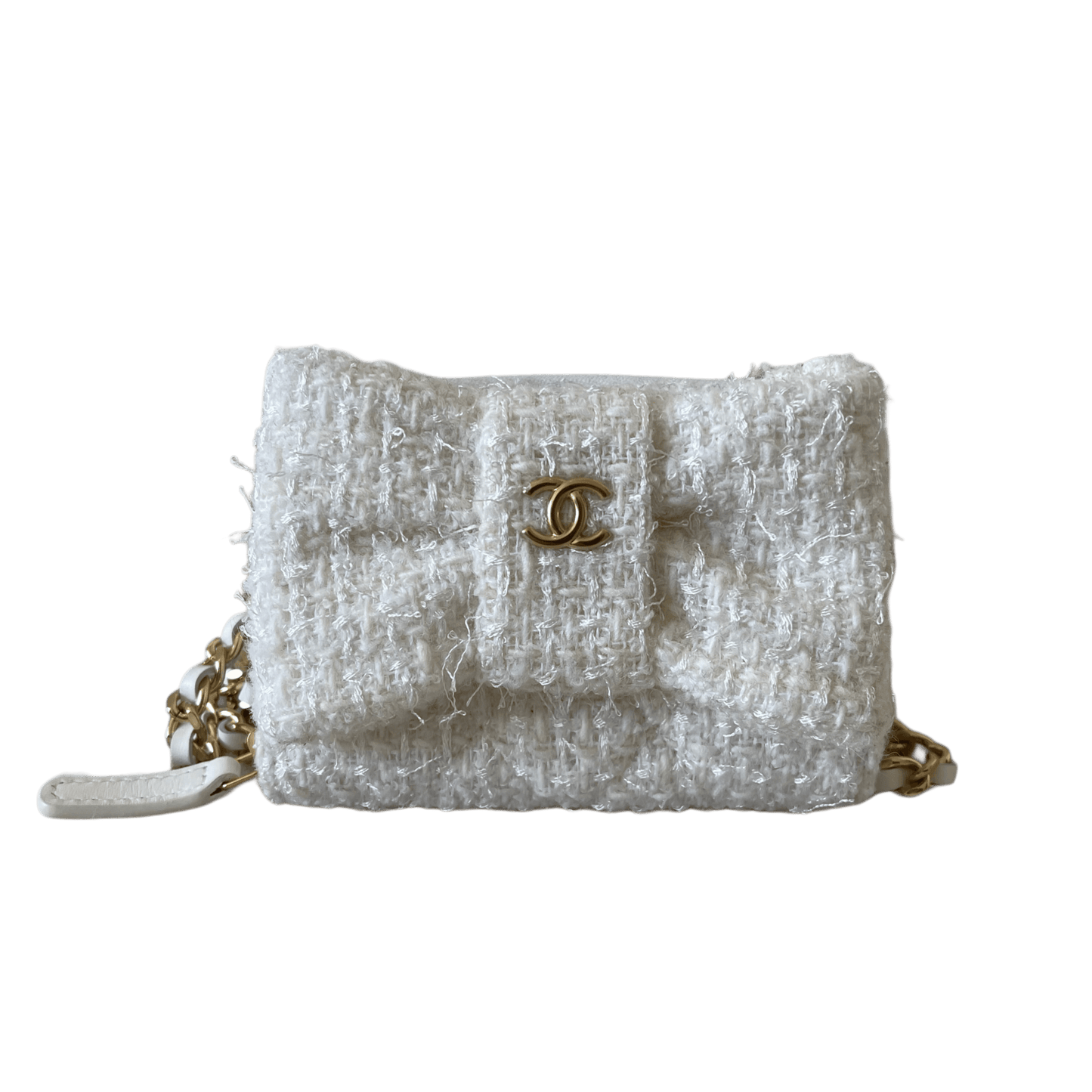 Chanel White Tweed Quilted Bow Flap Card Holder On Chain