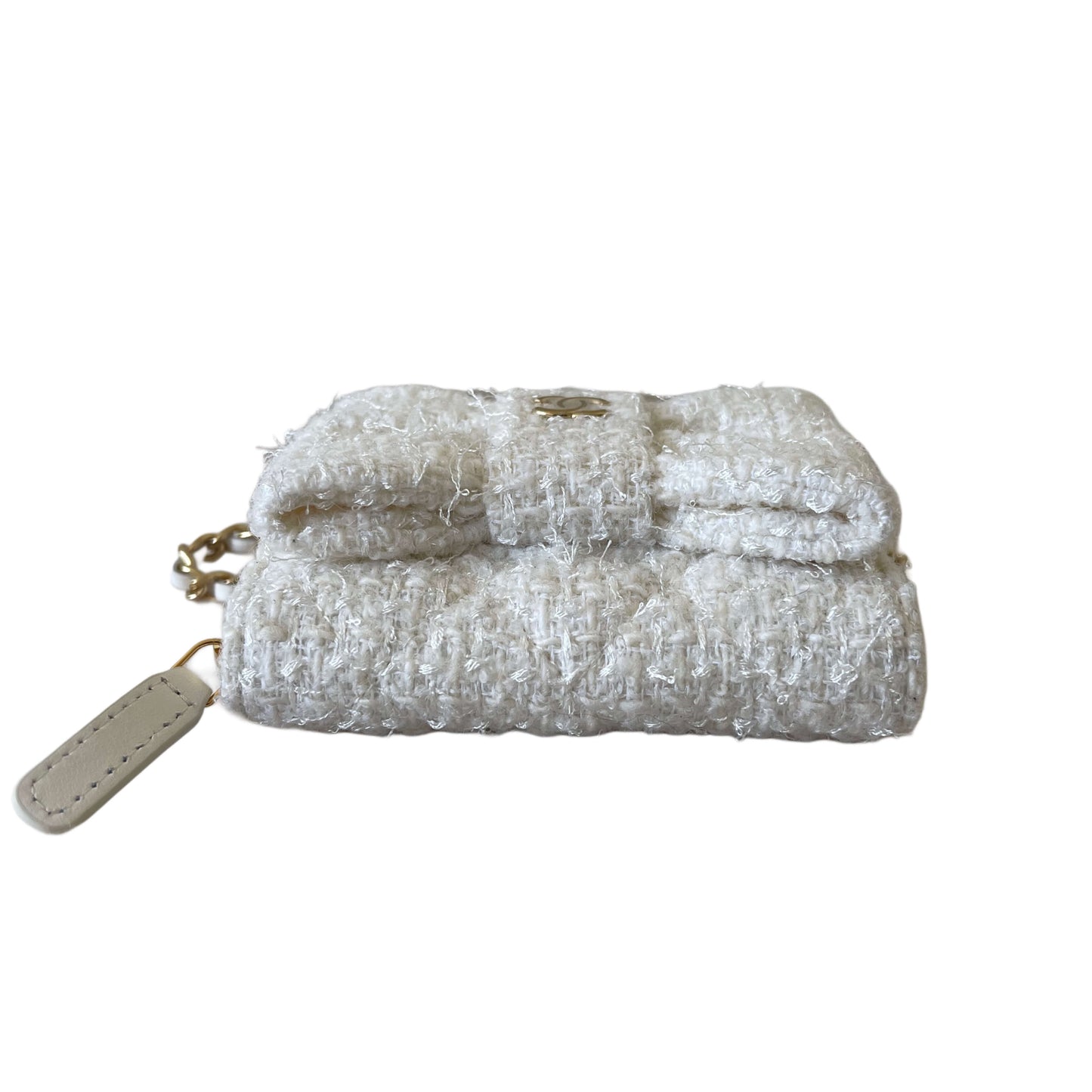 Chanel White Tweed Quilted Bow Flap Card Holder On Chain