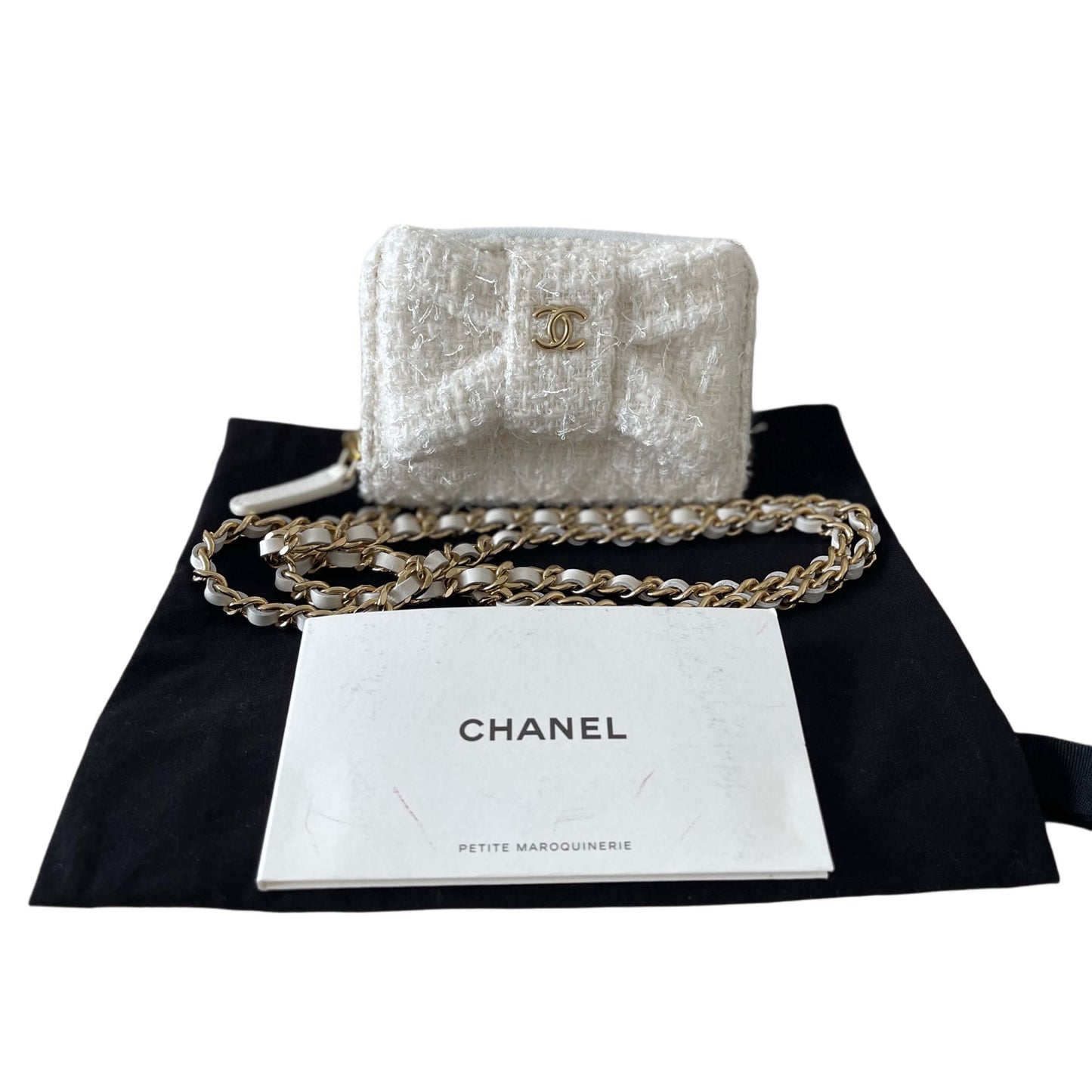 Chanel White Tweed Quilted Bow Flap Card Holder On Chain