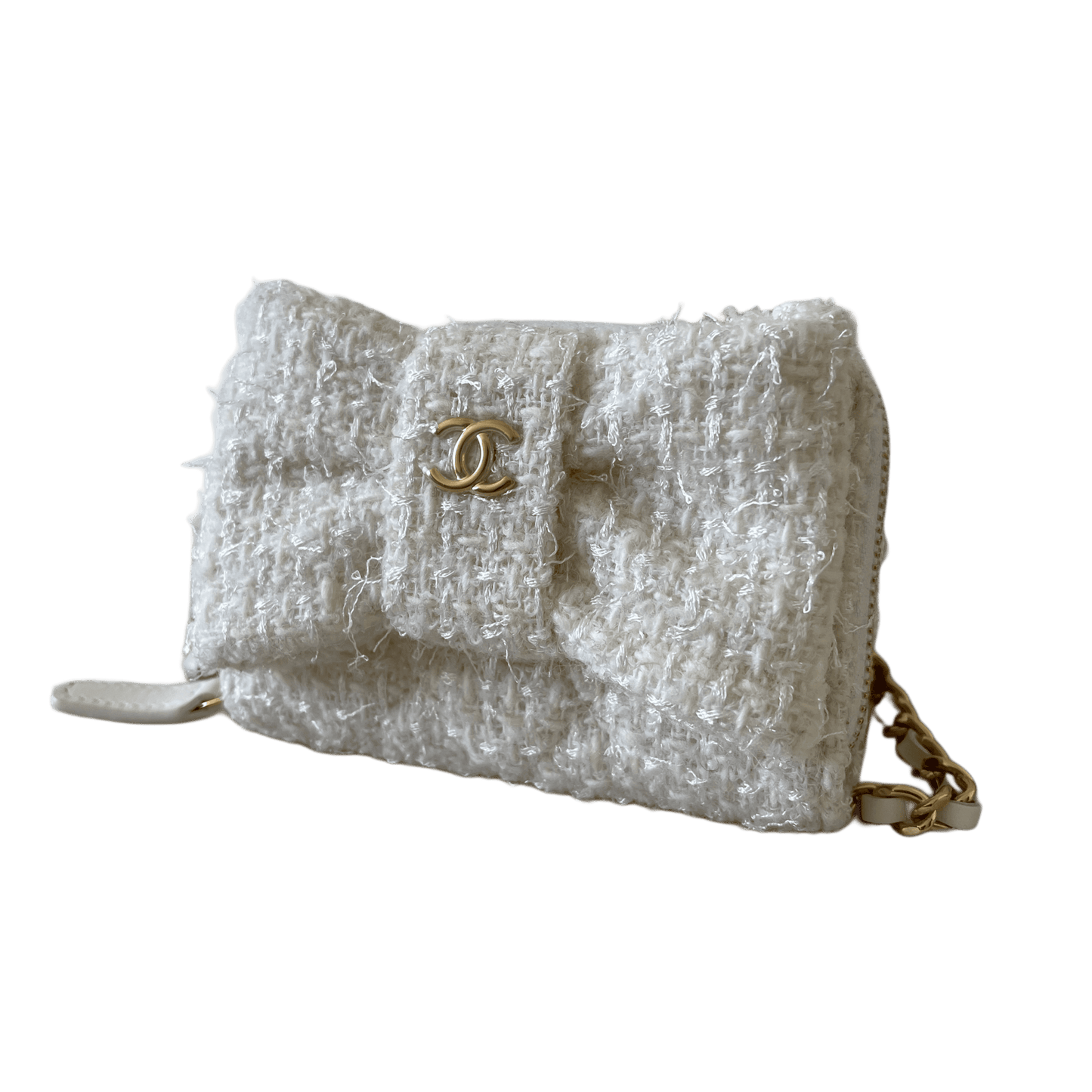 Chanel White Tweed Quilted Bow Flap Card Holder On Chain