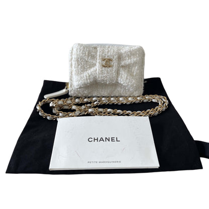 Chanel White Tweed Quilted Bow Flap Card Holder On Chain